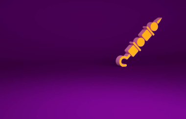 Mor arka planda izole edilmiş şiş çubuk ikonunda turuncu ızgara şiş kebap. Şiş çubukta et kebabı. Izgara etle piknik. Minimalizm kavramı. 3d illüstrasyon 3B canlandırma