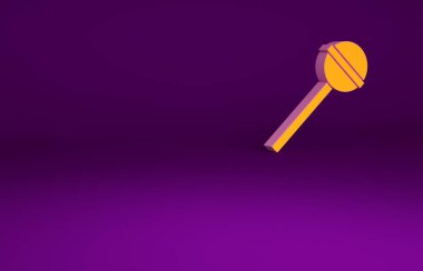 Mor arkaplanda izole edilmiş turuncu lolipop ikonu. Yemek, lezzetli bir sembol. Minimalizm kavramı. 3d illüstrasyon 3B canlandırma