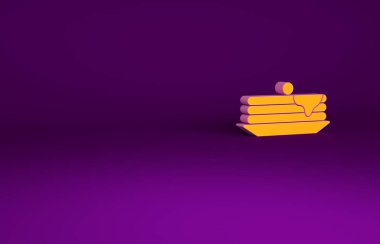 Mor arkaplanda izole edilmiş turuncu krep yığını. Şerbetli ve kirazlı fırın. Kahvaltı konsepti. Minimalizm kavramı. 3d illüstrasyon 3B canlandırma