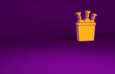 Mor arka planda izole edilmiş paket kutusundaki turuncu tavuk bacağı. Tavuk budu. Minimalizm kavramı. 3d illüstrasyon 3B canlandırma