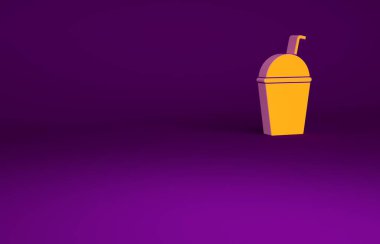 Mor arkaplanda izole edilmiş turuncu milkshake ikonu. Kapaklı ve samanlı plastik bardak. Minimalizm kavramı. 3d illüstrasyon 3B canlandırma