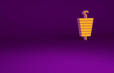 Mor arka planda izole edilmiş şiş çubuk ikonunda turuncu ızgara şiş kebap. Şiş çubukta et kebabı. Izgara etle piknik. Minimalizm kavramı. 3d illüstrasyon 3B canlandırma