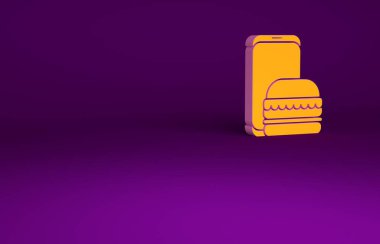 Portakal Çevrimiçi sipariş ve fast food dağıtım ikonu mor arka planda izole edildi. Burger tabelası. Minimalizm kavramı. 3d illüstrasyon 3B canlandırma