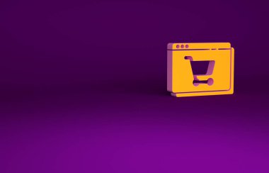 Ekran simgesinde mor arkaplanda izole edilmiş Orange Online alışveriş. Konsept e-ticaret, e-ticaret, online iş pazarlama. Minimalizm kavramı. 3d illüstrasyon 3B canlandırma