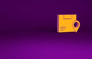 Mor arkaplanda izole edilmiş karton kutu simgesine sahip turuncu konum. Teslimat hizmetleri, lojistik ve ulaşım, dağıtım. Minimalizm kavramı. 3d illüstrasyon 3B canlandırma