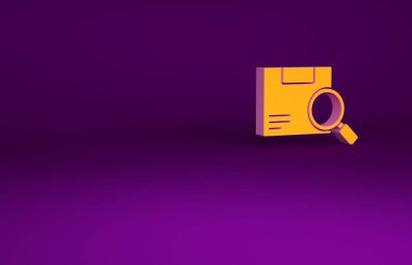 Mor arkaplanda turuncu arama paket simgesi izole edildi. Paket takibi. Büyüteç ve karton kutu. Lojistik ve teslimat. Minimalizm kavramı. 3d illüstrasyon 3B canlandırma