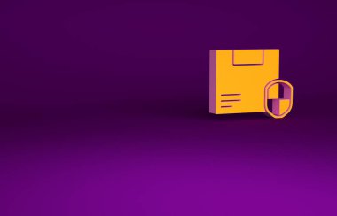 Mor arka planda izole edilmiş bir kalkan simgesi olan turuncu teslimat güvenliği. Teslimat sigortası. Kalkanın ötesinde sigorta kutuları var. Minimalizm kavramı. 3d illüstrasyon 3B canlandırma