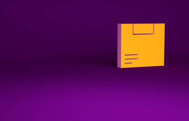 Mor arkaplanda izole edilmiş turuncu karton kutu simgesi. Kutu, paket, paket işareti. Teslimat ve ambalaj. Minimalizm kavramı. 3d illüstrasyon 3B canlandırma