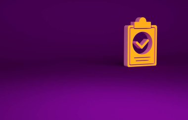 Mor arkaplanda izole edilmiş teslim listesi panosu simgesinin turuncu doğrulaması. Minimalizm kavramı. 3d illüstrasyon 3B canlandırma
