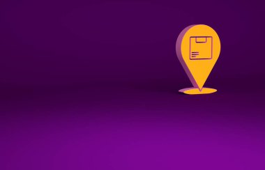 Mor arkaplanda izole edilmiş karton kutu simgesine sahip turuncu konum. Teslimat hizmetleri, lojistik ve ulaşım, dağıtım. Minimalizm kavramı. 3d illüstrasyon 3B canlandırma