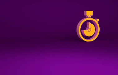 Mor arkaplanda izole edilmiş turuncu Kronometre simgesi. Zaman göstergesi. Kronometre işareti. Minimalizm kavramı. 3d illüstrasyon 3B canlandırma