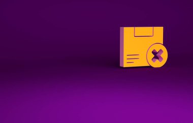 Mor arkaplanda izole edilmiş turuncu karton kutu ve simgeyi sil. Kutu, paket, paket işareti. Teslimat ve ambalaj. Minimalizm kavramı. 3d illüstrasyon 3B canlandırma