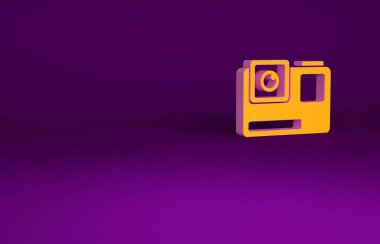 Mor arkaplanda izole edilmiş Turuncu Eylem uç kamera simgesi. Ekstrem sporları çekmek için video kamera ekipmanı. Minimalizm kavramı. 3d illüstrasyon 3B canlandırma
