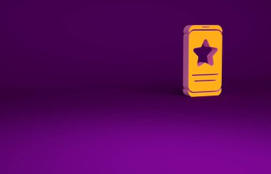 Mor zemin üzerinde değerlendirme derecelendirme simgesi olan turuncu cep telefonu. Tanıklık mesajları, bildirimler, geri bildirimler. Minimalizm kavramı. 3d illüstrasyon 3B canlandırma