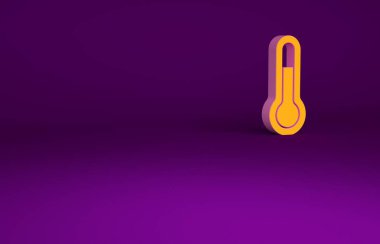 Mor arkaplanda izole edilmiş turuncu meteoroloji termometresi. Termometre termometresi sıcak ya da soğuk hava gösteriyor. Minimalizm kavramı. 3d illüstrasyon 3B canlandırma