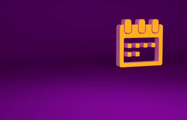 Mor arkaplanda izole edilmiş turuncu takvim simgesi. Olay hatırlatma sembolü. Minimalizm kavramı. 3d illüstrasyon 3B canlandırma