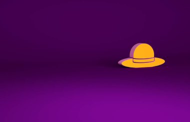 Mor arka planda izole edilmiş turuncu şık kadın şapka ikonu. Minimalizm kavramı. 3d illüstrasyon 3B canlandırma