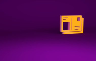 Mor arka planda izole edilmiş vize damgalı turuncu pasaport. Kimlik Belgesi. Minimalizm kavramı. 3d illüstrasyon 3B canlandırma