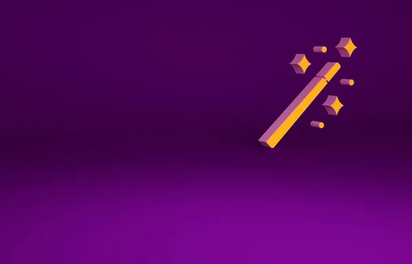 Bacchetta magica arancione icona isolata su sfondo viola. Accessori magici a forma di stella. Potere magico. Concetto minimalista. Illustrazione 3d rendering 3D — Foto Stock