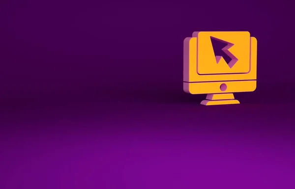 Narancs Számítógép monitor és kurzor ikon elszigetelt lila alapon. Számítógépes füzet üres kijelzővel. Minimalizmus koncepció. 3d illusztráció 3D render — Stock Fotó