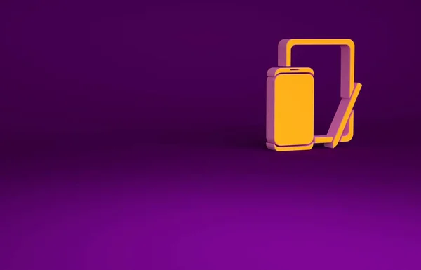 Помаранчевий смартфон, мобільний телефон і ікона графічної таблиці ізольовані на фіолетовому фоні. Концепція мінімалізму. 3D-рендеринг — стокове фото