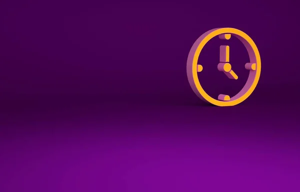 Icona dell'orologio arancione isolata su sfondo viola. Simbolo temporale. Concetto minimalista. Illustrazione 3d rendering 3D — Foto Stock