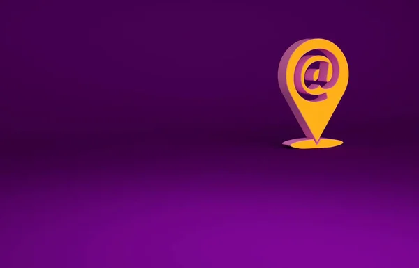 Orange Localização e correio e e-mail ícone isolado no fundo roxo. Envelope símbolo e-mail. E-mail sinal de mensagem. Conceito de minimalismo. 3D ilustração 3D render — Fotografia de Stock