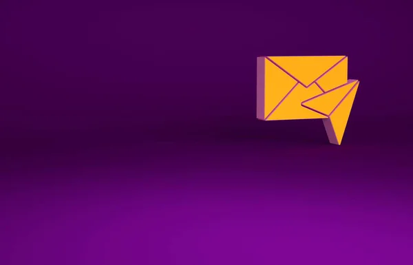 橙色信封图标孤立在紫色背景。电子邮件信件符号。最低纲领的概念。3D渲染3D插图 — 图库照片