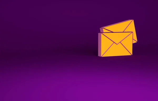 Ícone de envelope laranja isolado no fundo roxo. Símbolo da letra da mensagem de email. Conceito de minimalismo. 3D ilustração 3D render — Fotografia de Stock