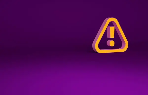 Naranja signo de exclamación en el icono del triángulo aislado sobre fondo púrpura. Señal de advertencia de peligro, cuidado, atención, advertencia de peligro importante. Concepto minimalista. 3D ilustración 3D render — Foto de Stock