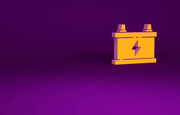 Icona batteria auto arancione isolato su sfondo viola. Accumulatore di energia della batteria e batteria accumulatore di elettricità. Concetto minimalista. Illustrazione 3d rendering 3D — Foto Stock