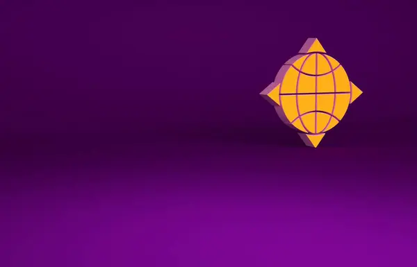 Orange World globus z ikoną kompasu izolowane na fioletowym tle. Koncepcja minimalizmu. Ilustracja 3D 3D renderowania — Zdjęcie stockowe