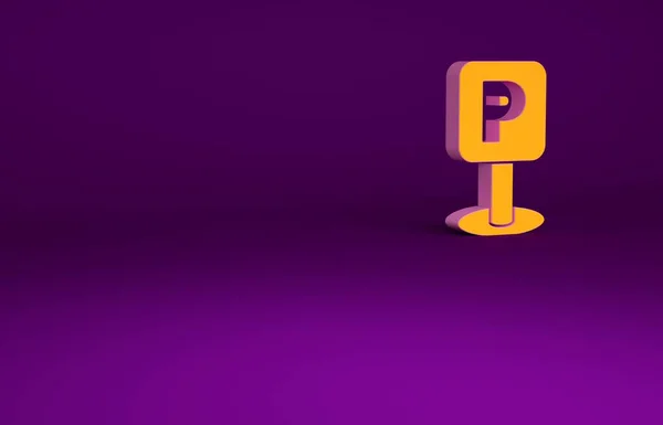 Oranžové parkování ikona izolované na fialovém pozadí. Pouliční značka. Minimalismus. 3D ilustrace 3D vykreslení — Stock fotografie
