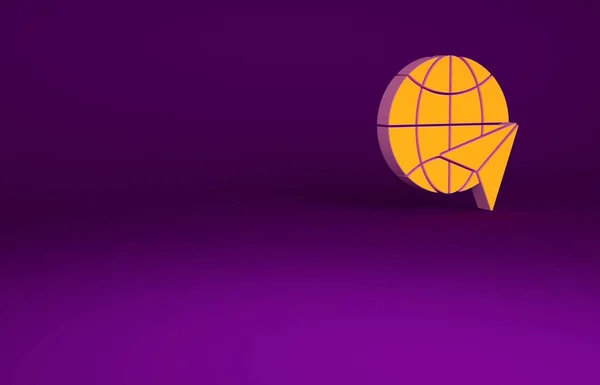 Globo laranja com ícone de avião voador isolado no fundo roxo. Avião voa ao redor do planeta Terra. Ícone mundial de aeronaves. Conceito de minimalismo. 3D ilustração 3D render — Fotografia de Stock