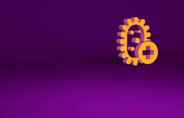 Icône de virus positif orange isolé sur fond violet. Virus Corona 2019-nCoV. Bactéries et germes, cancer cellulaire, microbes, champignons. Concept de minimalisme. Illustration 3D rendu 3D — Photo