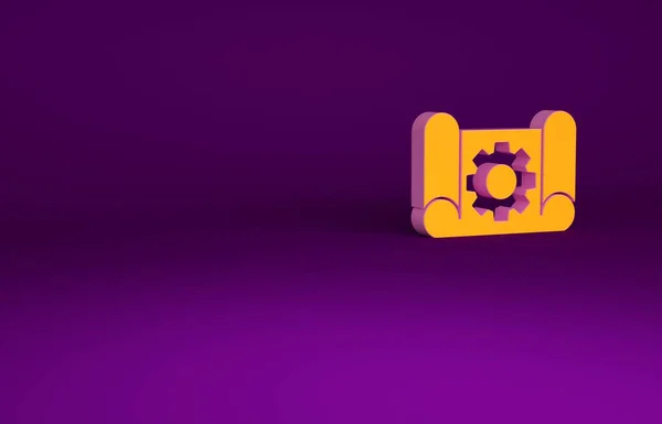 Pomarańczowy papier graficzny do ikony inżynierii i przekładni izolowany na fioletowym tle. Koncepcja minimalizmu. Ilustracja 3D 3D renderowania — Zdjęcie stockowe
