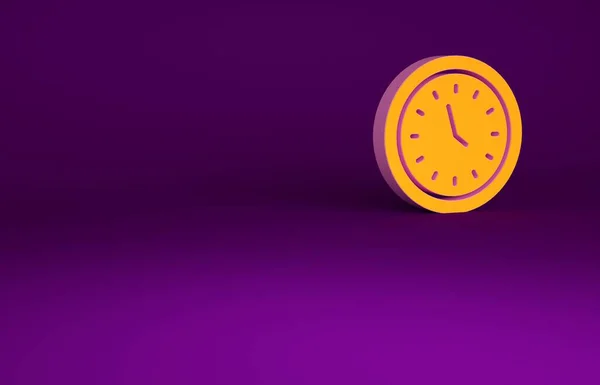 Orangefarbenes Uhr-Symbol auf violettem Hintergrund. Zeitsymbol. Minimalismus-Konzept. 3D Illustration 3D Renderer — Stockfoto