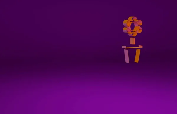 Fleur orange en pot icône isolée sur fond violet. Plante poussant en pot. Panneau végétal en pot. Concept de minimalisme. Illustration 3D rendu 3D — Photo