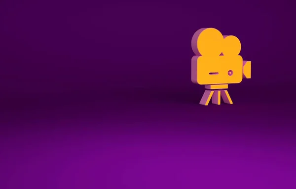 Icône de caméra de cinéma orange rétro isolé sur fond violet. Caméra vidéo. Panneau de film. Projecteur de film. Concept de minimalisme. Illustration 3D rendu 3D — Photo