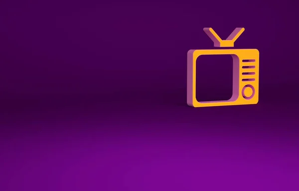Narancs Retro tv ikon elszigetelt lila háttér. Televíziós jel. Minimalizmus koncepció. 3d illusztráció 3D render — Stock Fotó