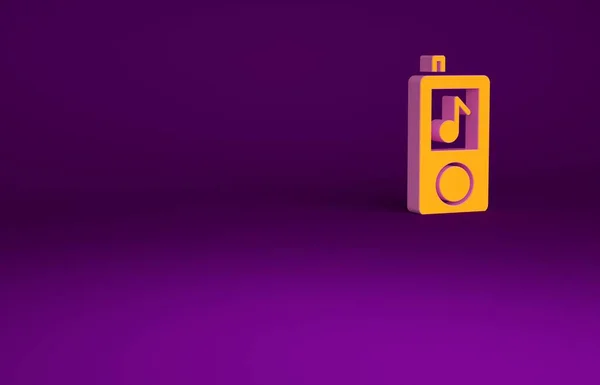 Ikona oranžového přehrávače hudby izolovaná na fialovém pozadí. Přenosné hudební zařízení. Minimalismus. 3D ilustrace 3D vykreslení — Stock fotografie