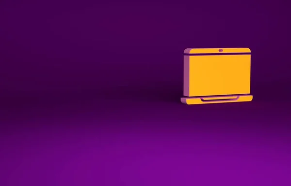 Ícone laranja Laptop isolado no fundo roxo. notebook de computador com sinal de tela vazia. Conceito de minimalismo. 3D ilustração 3D render — Fotografia de Stock