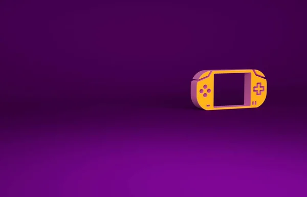 Pomarańczowa Przenośna ikona konsoli do gier wideo izolowana na fioletowym tle. Znak Gamepada. Koncepcja gry. Koncepcja minimalizmu. Ilustracja 3D 3D renderowania — Zdjęcie stockowe