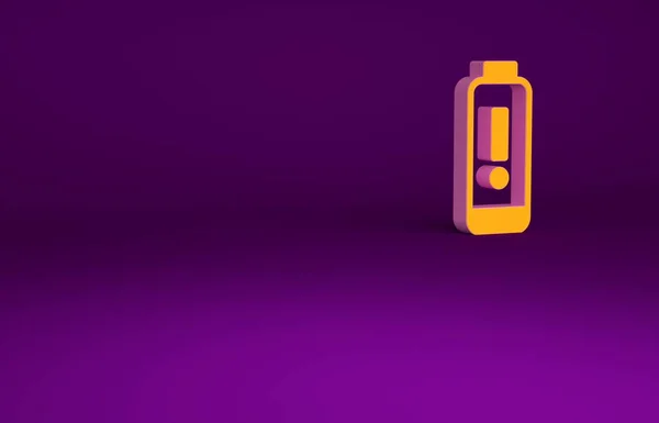 Иконка индикатора уровня заряда оранжевой батареи выделена на фиолетовом фоне. Концепция минимализма. 3D-рендеринг — стоковое фото