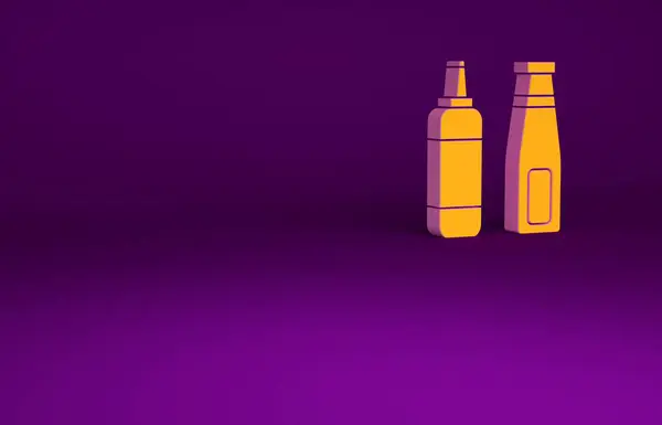 Іконка пляшки апельсинового соусу ізольована на фіолетовому фоні. Кетчуп, гірчиця і пляшки майонезу з соусом для фаст-фуду. Концепція мінімалізму. 3D ілюстрація 3D рендеринга — стокове фото