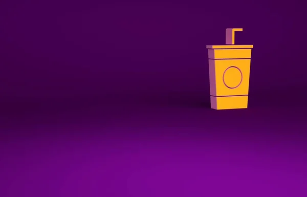 Cristal de papel naranja con paja para beber e icono de agua aislado sobre fondo púrpura. Un vaso de refresco. Símbolo de bebida fría fresca. Concepto minimalista. 3D ilustración 3D render — Foto de Stock