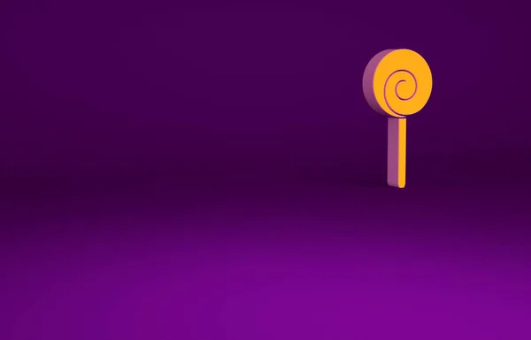 Icône de sucette orange isolée sur fond violet. La nourriture, symbole délicieux. Concept de minimalisme. Illustration 3D rendu 3D — Photo