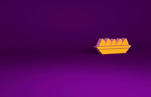 Naranja Nachos en placa icono aislado sobre fondo púrpura. Tortillas de tortilla o nachos. Menú tradicional mexicano de comida rápida. Concepto minimalista. 3D ilustración 3D render — Foto de Stock