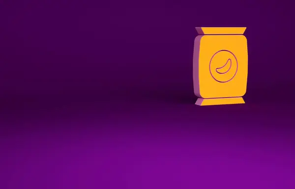 Sac orange ou icône de chips de pomme de terre en paquet isolé sur fond violet. Concept de minimalisme. Illustration 3D rendu 3D — Photo