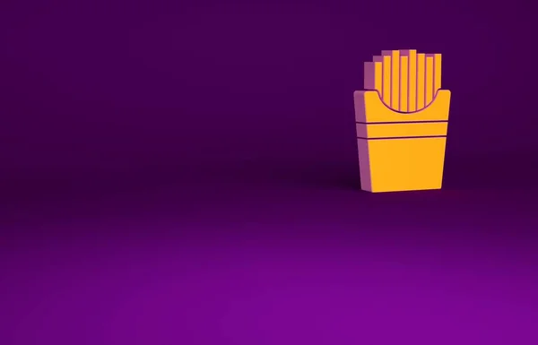 Orangen Kartoffeln Pommes frites in Karton Verpackung Symbol isoliert auf lila Hintergrund. Fast Food Menü. Minimalismus-Konzept. 3D Illustration 3D Renderer — Stockfoto